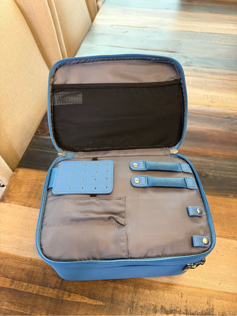 Open Story Blue Makeup Case Organizer, Zipper Handle Pockets, 10x7x6.5" - Picture 3 of 7